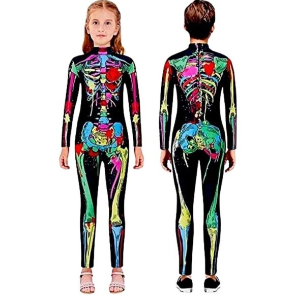Halloween Costume Girls Colorful Skull Skeleton Bone Stretch Bodysuits 7-8 - Picture 1 of 6
